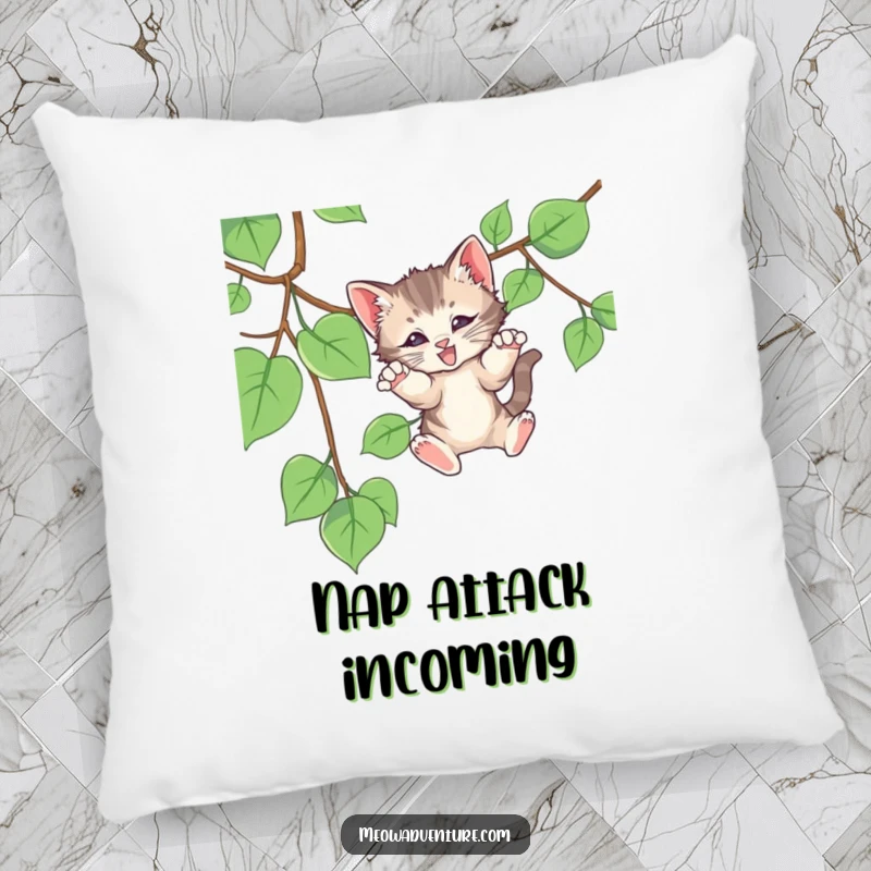 Funny pillow with an adorable kitten mid-pounce on a vine, bringing playful energy and comfort, a charming decorative gift.