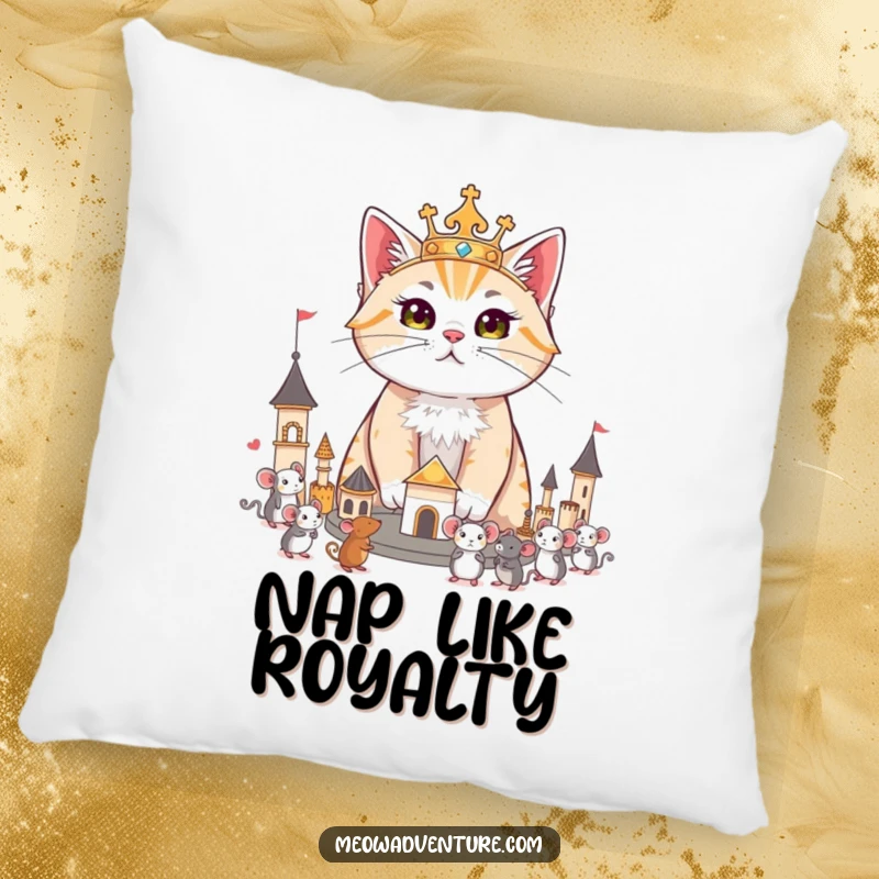 Funny pillow showcasing a regal cat surveying its miniature kingdom of toy mice, offering plush comfort and regal humor.