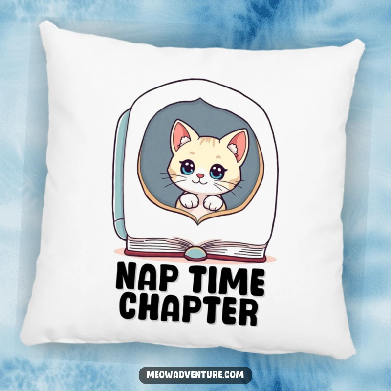 Funny pillow with a curious cat peeking out of a large book, a comfortable and humorous decor item.