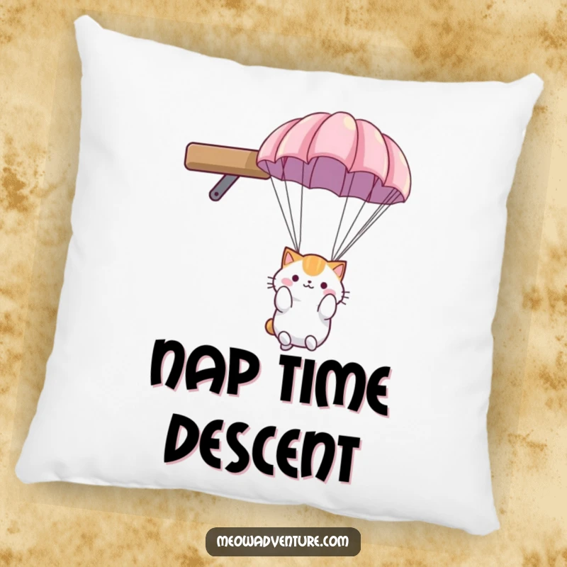 Funny cat pillow: fluffy cat with a small parachute, gently descending from a high shelf, looking comfortable and cute.