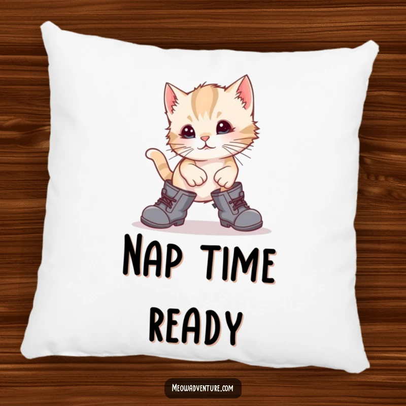 Funny kitten hilariously struggling with oversized boots, featured on a soft pillow, perfect for adding humor to any room.