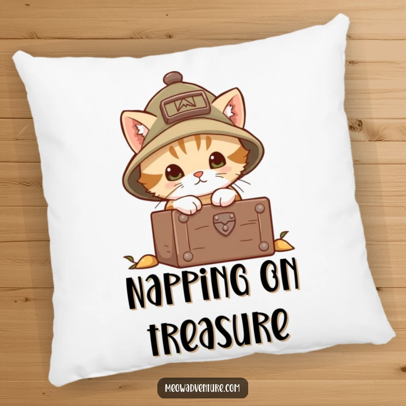 Funny explorer kitten pillow featuring a brave kitten in an explorer hat, peeking into a treasure chest. Soft and huggable comfort.