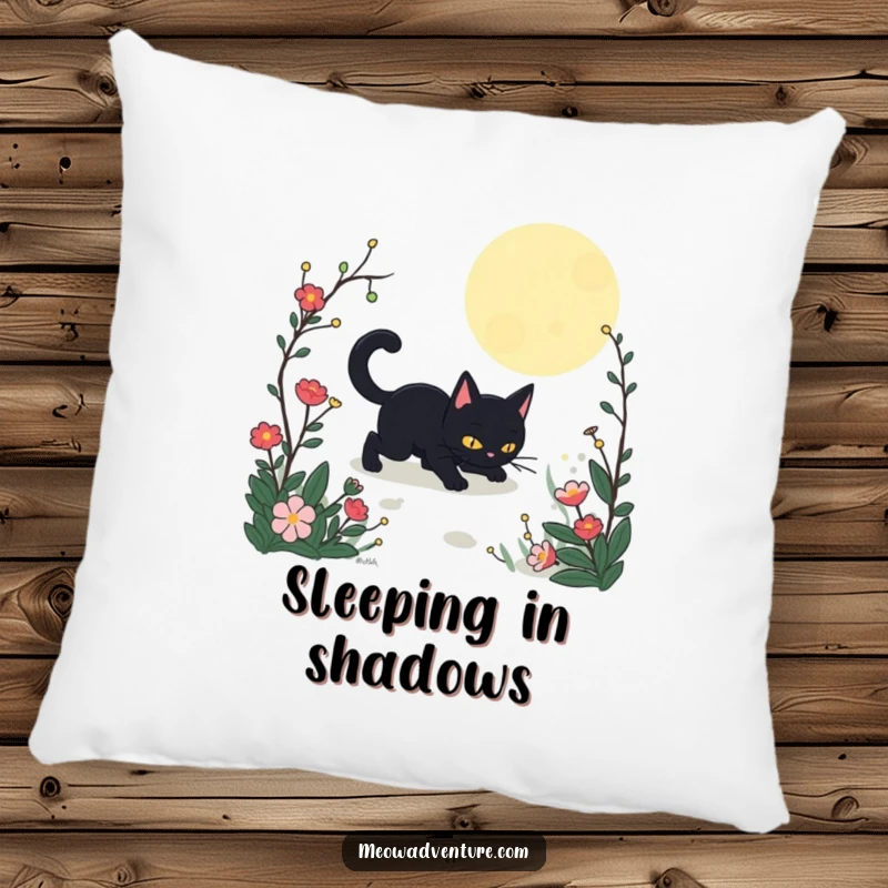 Funny Stealthy Black Cat Garden Pillow with a black cat sneaking through a moonlit garden. A soft, humorous, and enigmatic cushion.