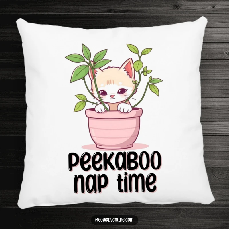 Stealthy kitten pillow featuring a cat peeking from behind a potted plant, offering soft comfort and playful decor.