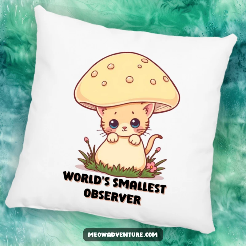 Funny pillow with a curious kitten peeking from behind a giant mushroom, offering comfort and a touch of humorous, whimsical charm.