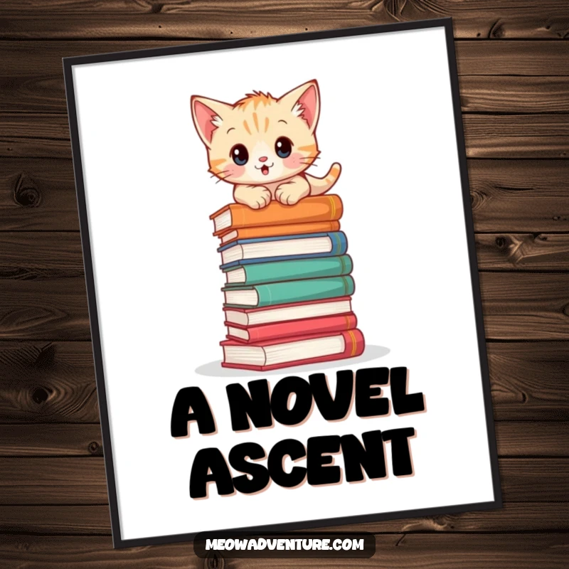 Adventurous kitten digital art print featuring a cat climbing a stack of books, perfect for adding literary and adventurous decor.