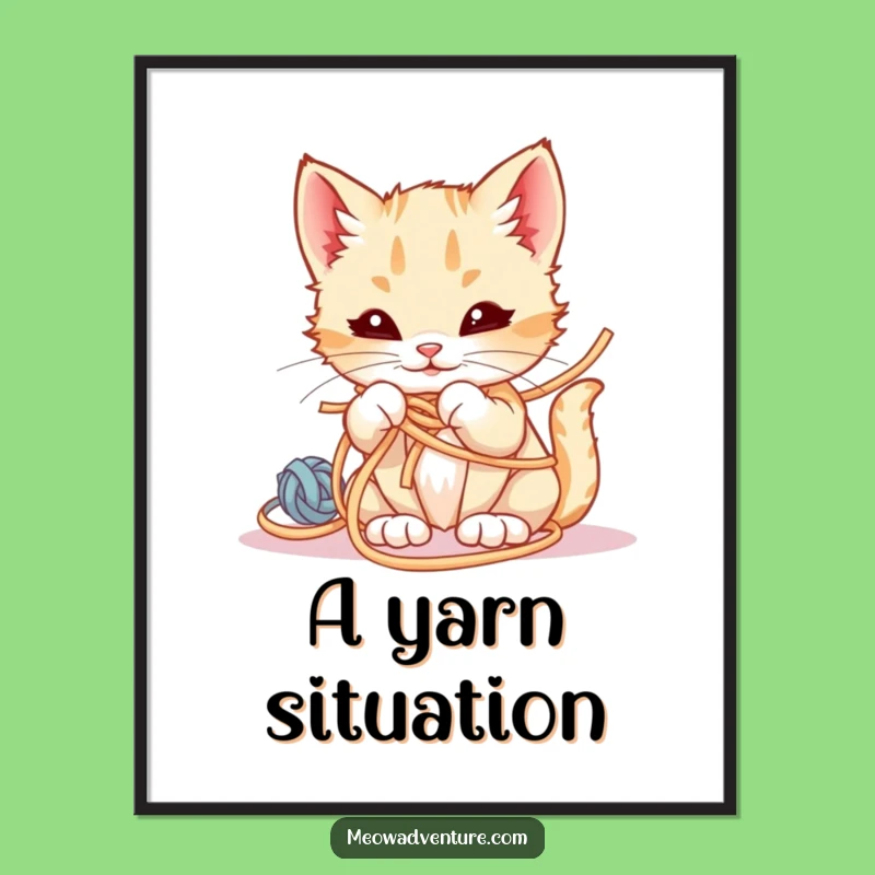 Funny Mischievous Kitten Digital Art: Yarn Chaos for Instant Decor
