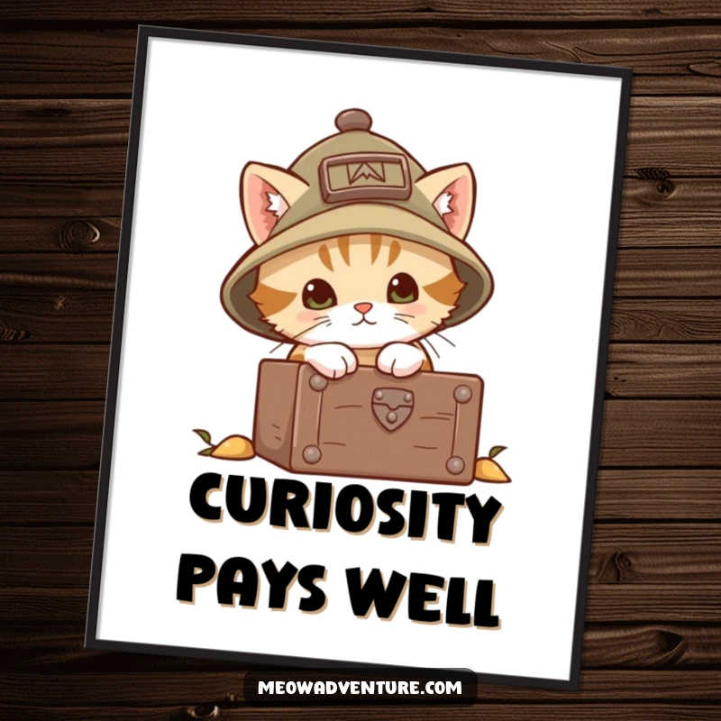 Funny explorer kitten digital art print of a brave cat in an explorer hat peering into a treasure chest. High-resolution and ready to print.