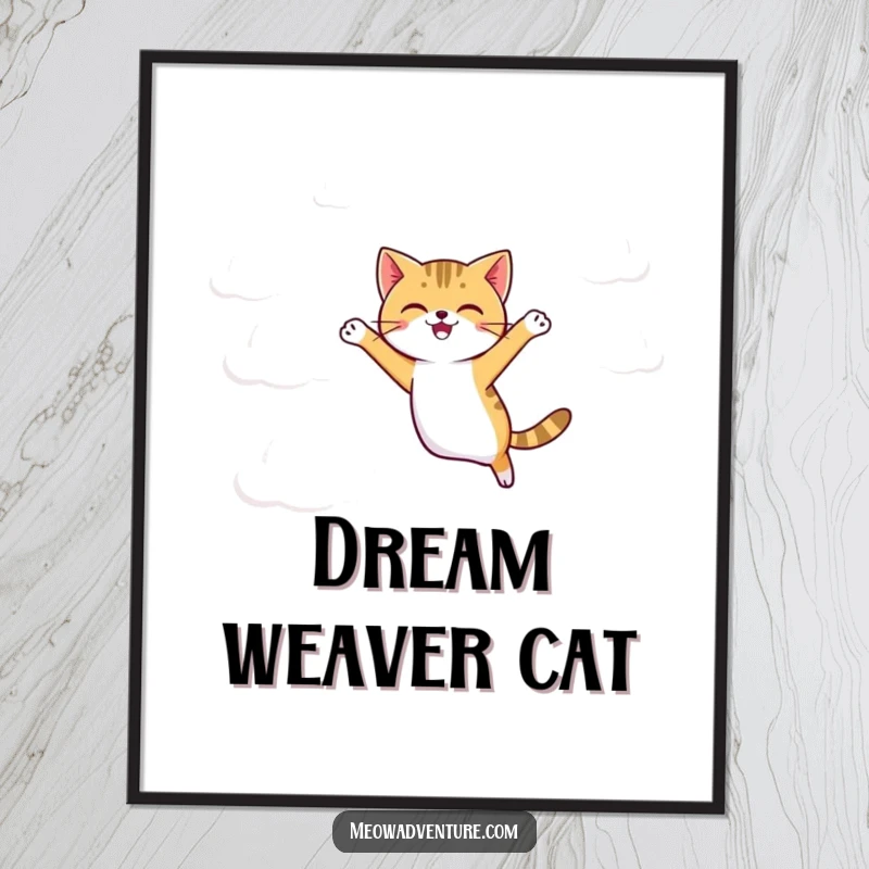 Funny agile cat jumping between cartoonish clouds, as a charming digital art print.