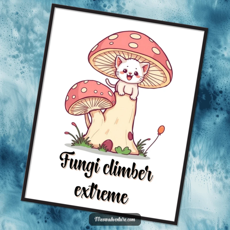 Funny digital art print of a brave kitten joyfully scaling a giant, whimsical mushroom with determined effort.