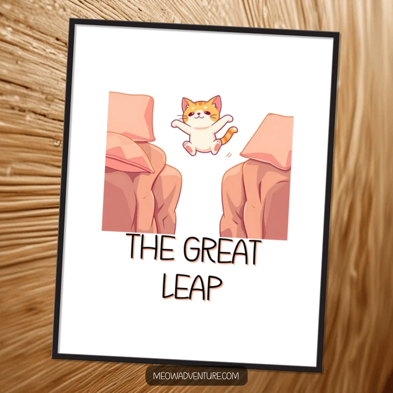 Funny digital art print of a cat in mid-air, leaping bravely between cushions, capturing a moment of thrilling feline action.