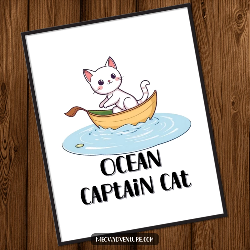Funny digital art print of an adventurous cat sailing on a leaf boat, bringing instant excitement and exploration to any room.