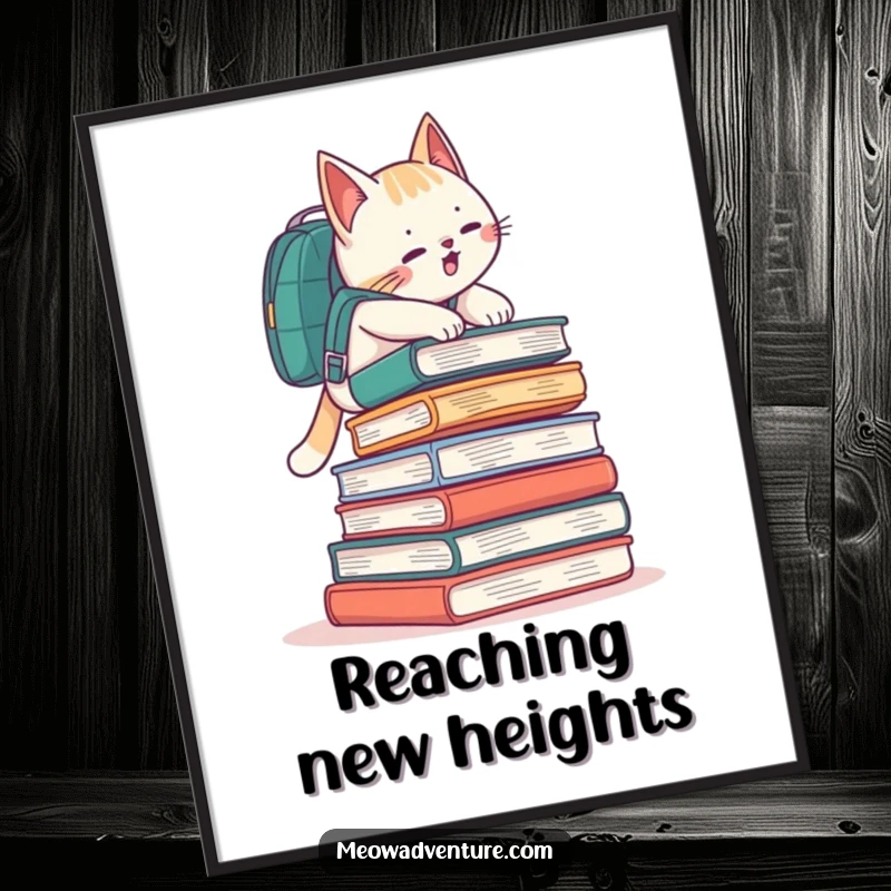 Funny cat with a backpack climbing a mountain of books, ready to be printed as art.