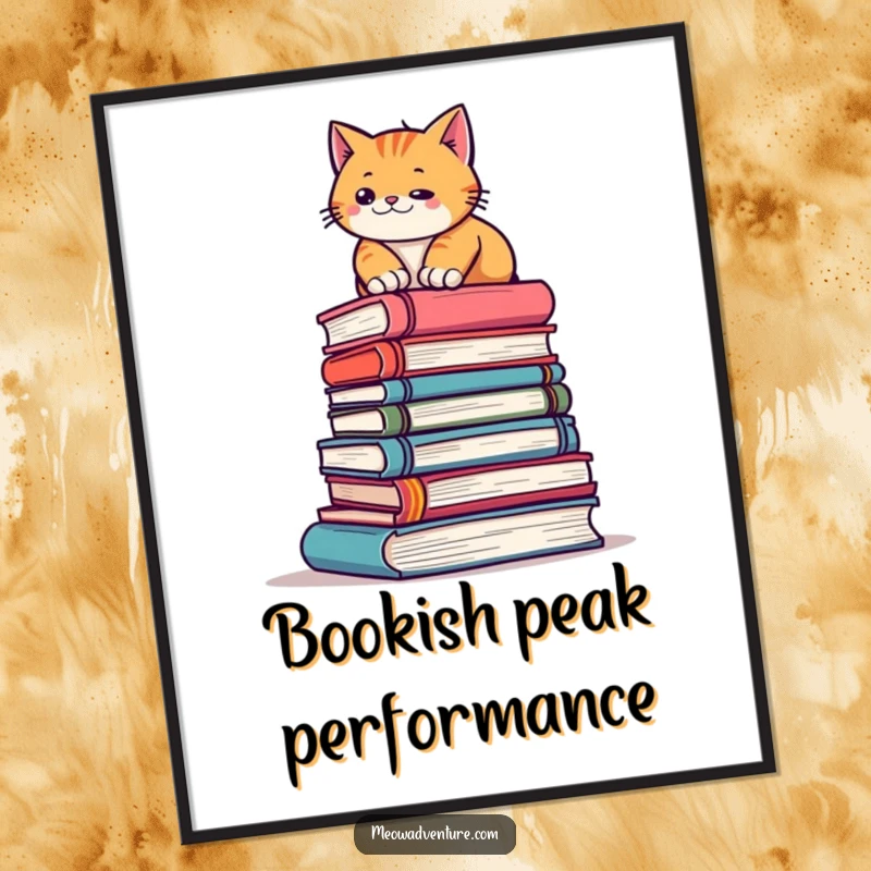 Funny digital art print of a determined cat climbing a towering stack of books, symbolizing ambition and literary pursuits with humor.