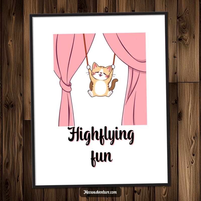 Funny cat curtain digital art print showing a trapeze artist cat, instant download, humorous decor, great funny gift.
