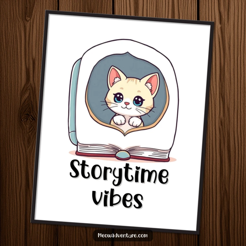 Funny digital art print of a curious cat peeking from a huge book, perfect for printable wall art.