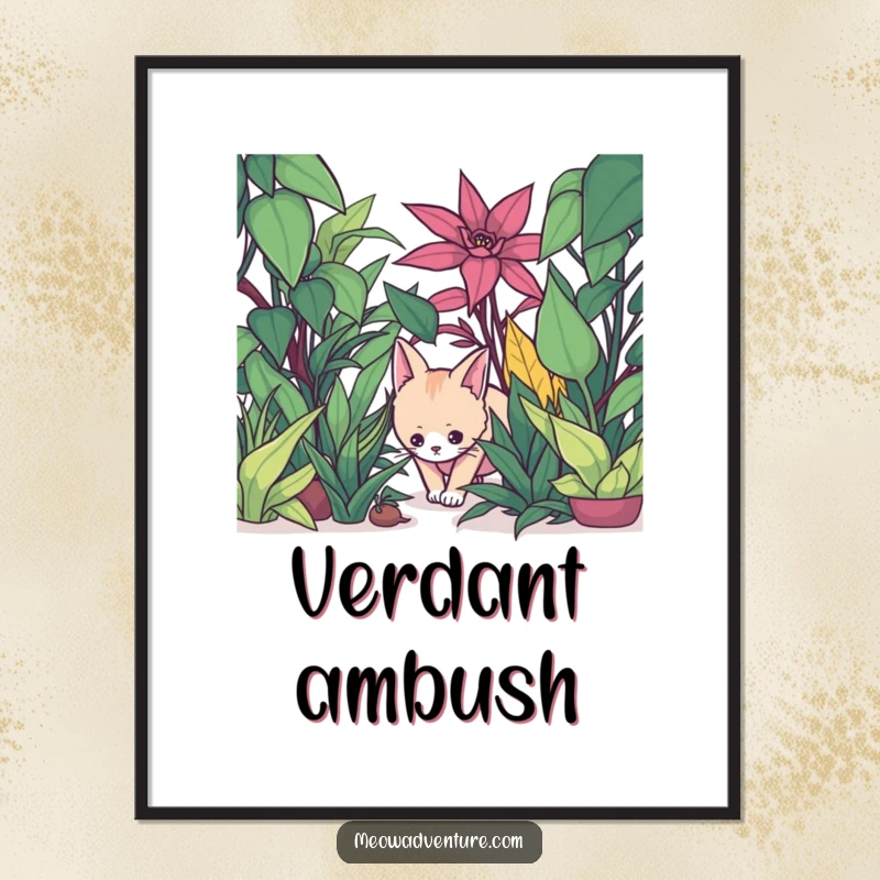 Funny digital art print of a stealthy cat creeping through oversized houseplants, botanical art.