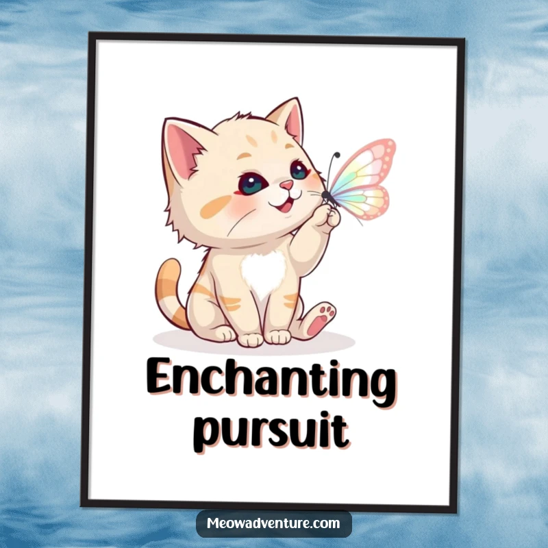 Funny digital art print of a playful cat batting at a magical butterfly, for whimsical decor.