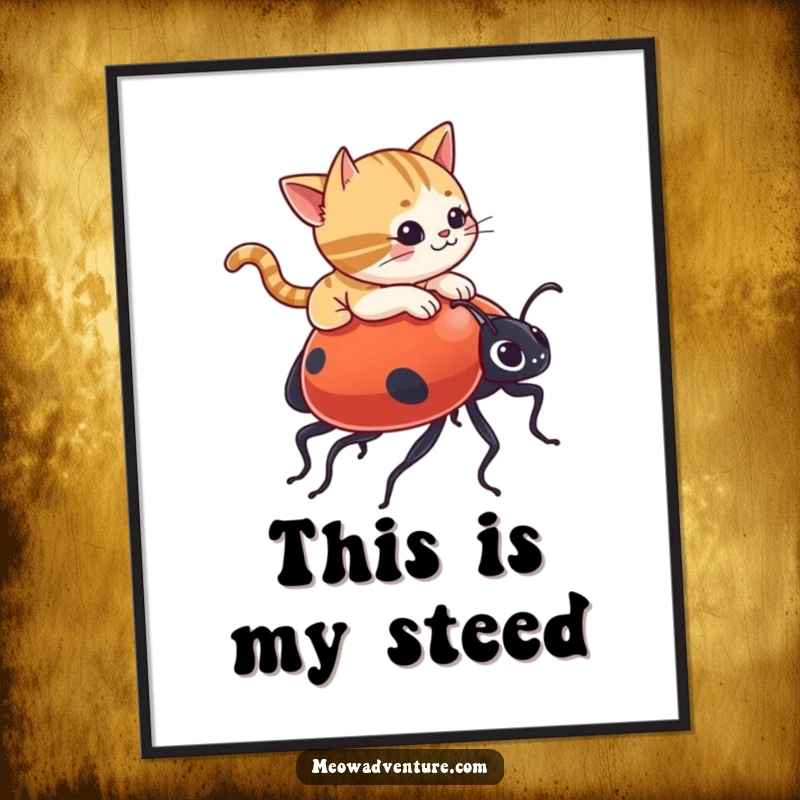 Funny digital art print of a mischievous cat riding a giant ladybug, bringing instant joy and whimsical adventure to any room.