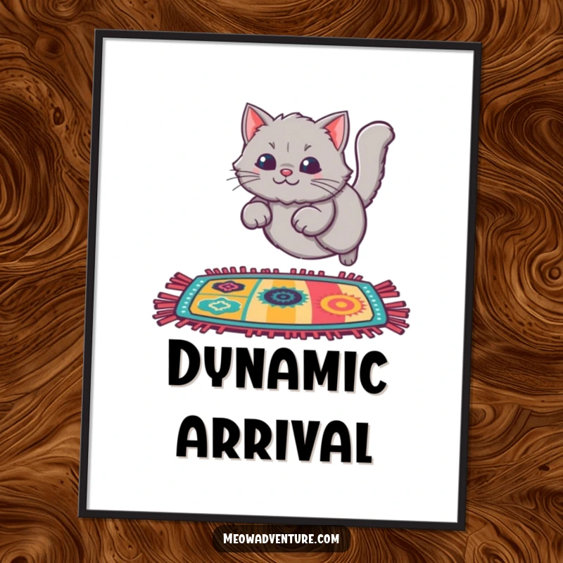 Funny Cat Rug Leap Digital Art Print of a fluffy grey cat leaping onto a colorful rug, ready to add instant playfulness.