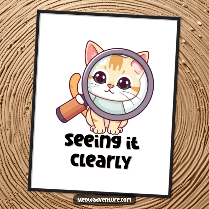 Funny digital art print of a cat intently looking through a large magnifying glass, conveying investigation and adorable curiosity.