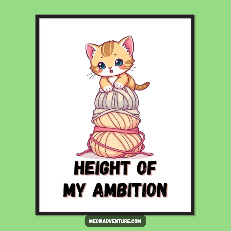 Funny Determined Kitten Yarn Digital Art Print: Instant Ambition with Cute Cat Art