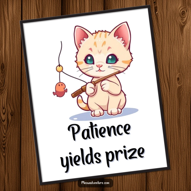 Funny cat digital art print: curious kitten with a fishing rod, trying to catch a dangling toy mouse, capturing a humorous moment.