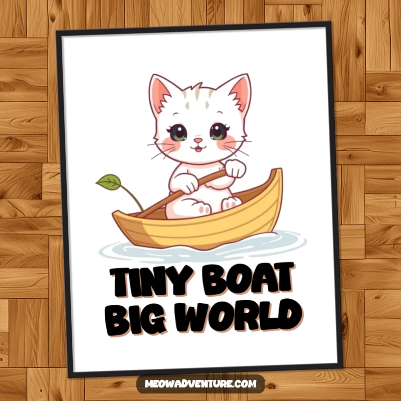 Funny digital art print of a kitten rowing a small leaf boat, capturing the essence of adventure and cute exploration.