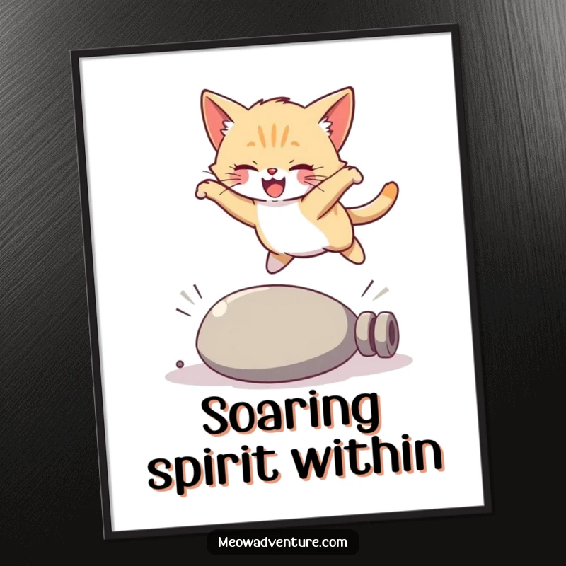 Funny kitten digital art print, a joyful cat captured in a humorous, graceful leap over a fallen item, ready to frame.