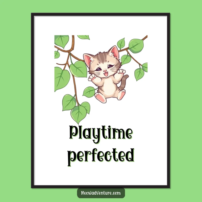 Funny Kitten Pounce Digital Art - Playful Cat Vine Print, Gift