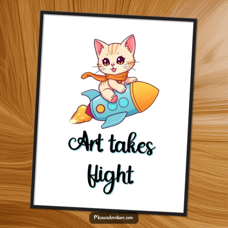 Funny Kitten Rocket Digital Art: A brave kitten rockets dynamically, offering a vibrant and comical visual for instant adventure and cheer.