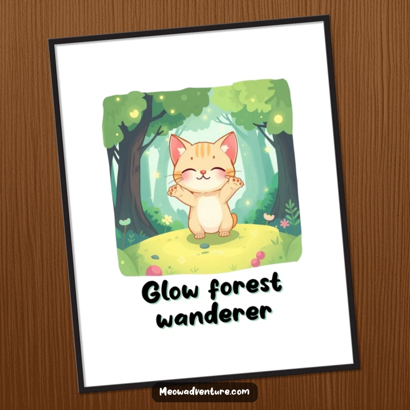 Funny digital art print of a curious cat with paws outstretched, exploring a mystical, glowing forest.