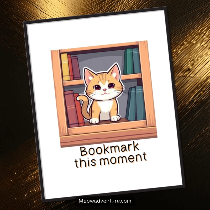 Funny mysterious cat emerging from a secret compartment in a bookshelf, as a charming digital art print.