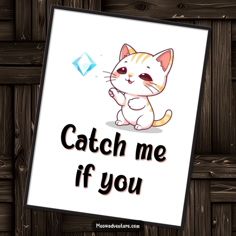 Funny Cat Digital Art Print: A playful cat bats at a sparkling floating gem, creating visually engaging and humorous wall decor.