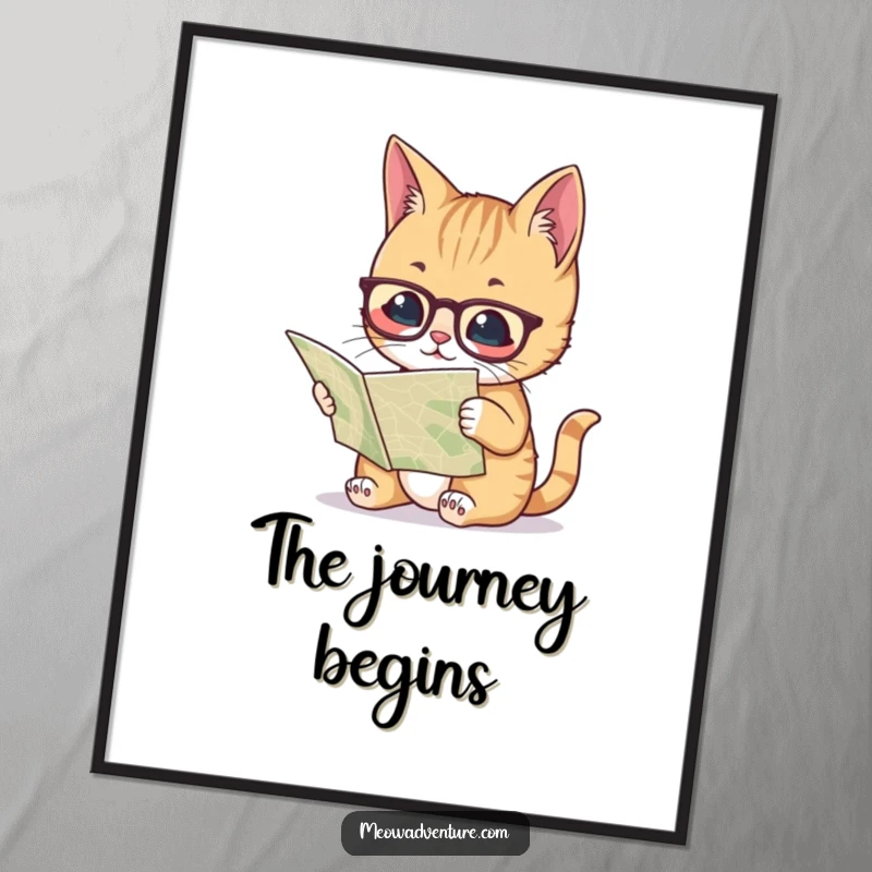Funny digital art print of a cat wearing spectacles and reading a map, conveying intelligence and a love for exploration with humor.