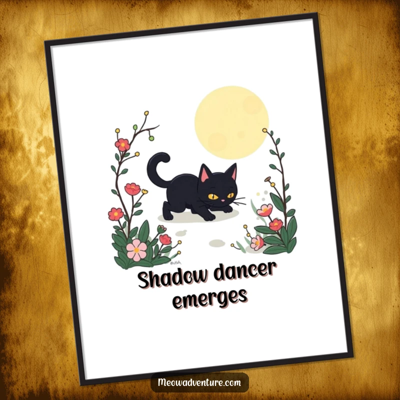 Funny Stealthy Black Cat Garden Digital Art Print showing a black cat sneaking through a moonlit garden. A downloadable, humorous artwork.