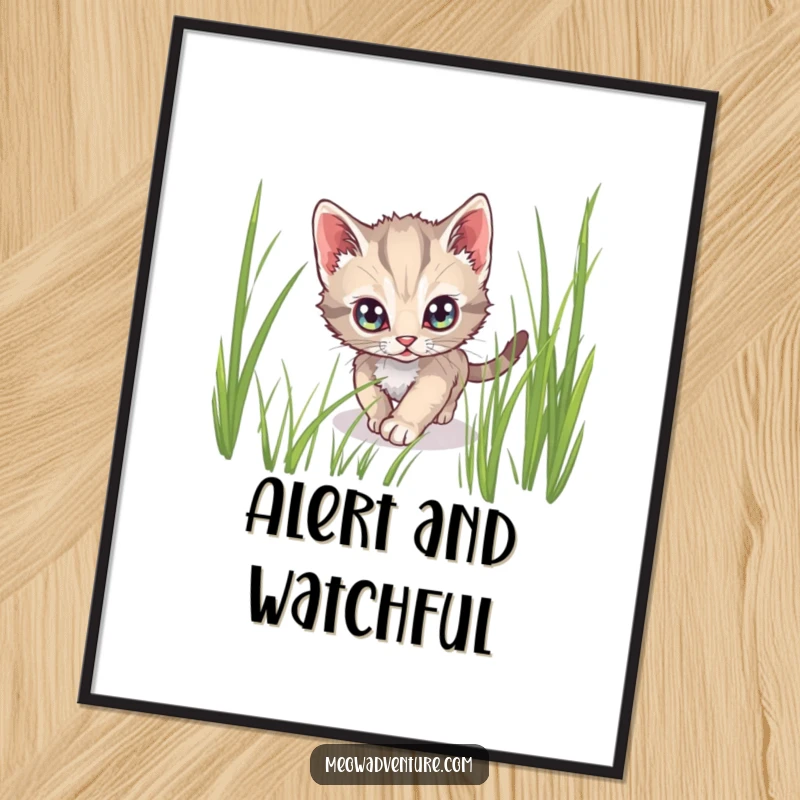 Funny digital art print of a stealthy kitten tiptoeing through tall grass with wide, alert eyes, conveying mystery.