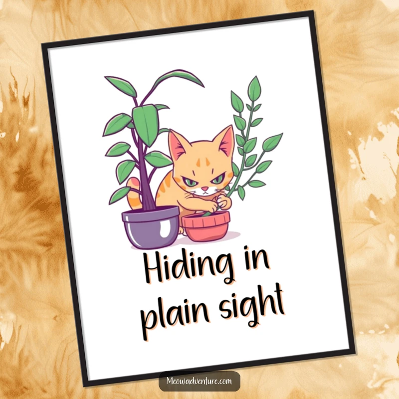 Funny digital art of a stealthy cat intensely focused, hidden behind a leafy houseplant, capturing a moment of playful suspense.