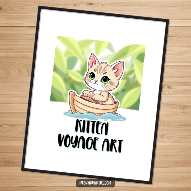 Funny digital art print of a determined kitten sailing on a tiny leafy boat, for instant brave and humorous decor.