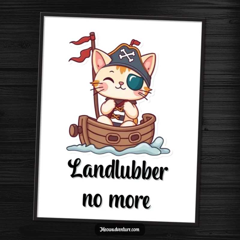Funny cat pirate sailing a miniature ship, as a high-resolution digital art print, ready for download.