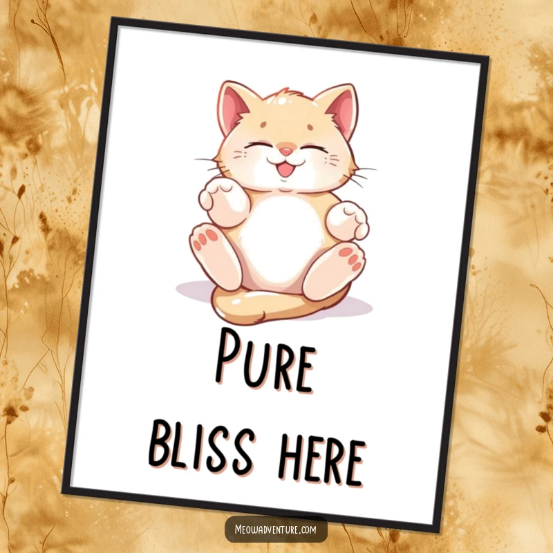 Funny Digital Art Print of a kitten joyfully rolling in a sunbeam, its pose radiating ultimate peace and happiness.