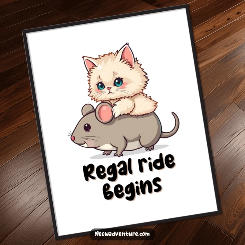 Funny Persian Cat Mouse Ride Digital Art Print showing a fluffy Persian cat riding a comically large toy mouse. A downloadable, humorous artwork.