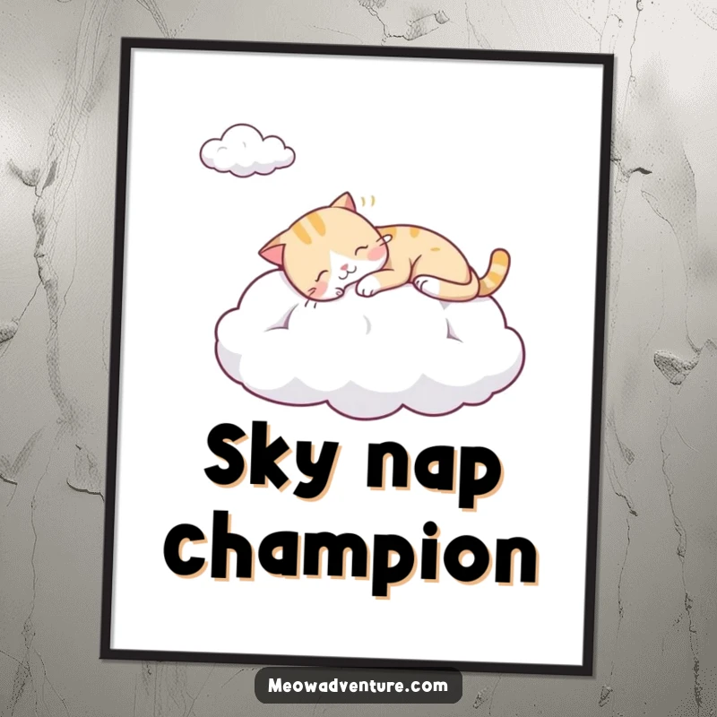 Funny digital art print featuring a peacefully sleeping cat on a fluffy cloud, bringing instant serenity and humor home.
