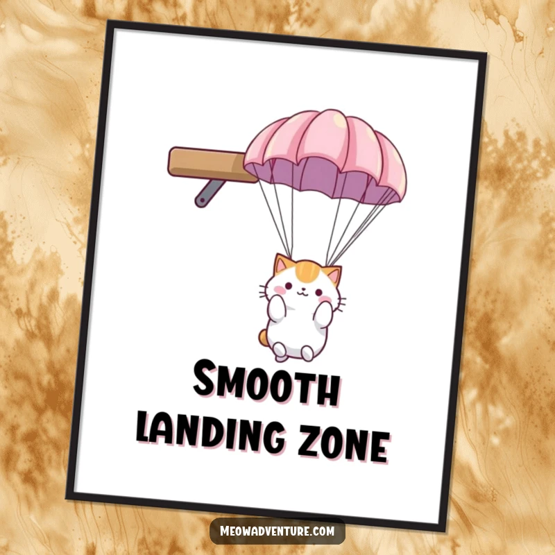 Funny cat digital art print: fluffy cat with a small parachute, descending gently from a high shelf, creating a humorous scene.