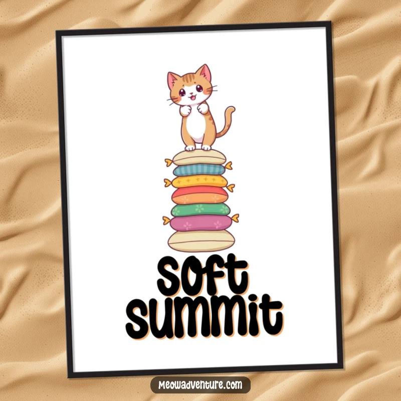 Funny digital art print of a brave cat climbing a tall stack of colorful cushions, motivational art.