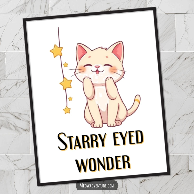 Funny digital art print of a playful cat batting at a string of stars, embodying imagination and cosmic aspiration.
