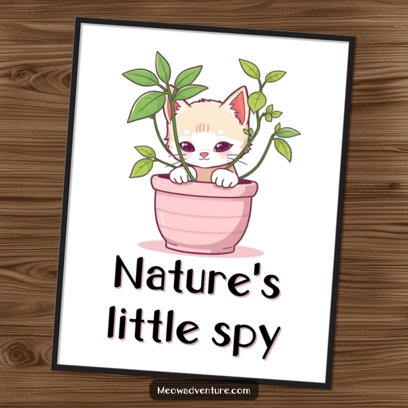 Stealthy kitten digital art print featuring a cat peeking from behind a potted plant, perfect for adding playful and mysterious decor.