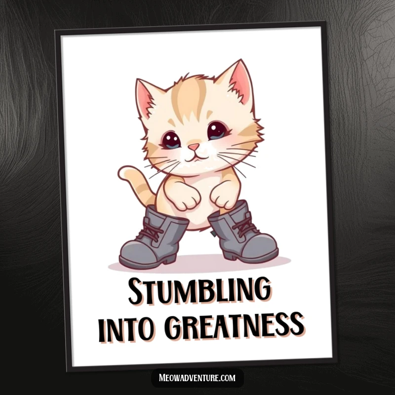 Funny kitten comically stumbling in large boots, high-resolution digital art print, perfect for instant humorous wall decoration.