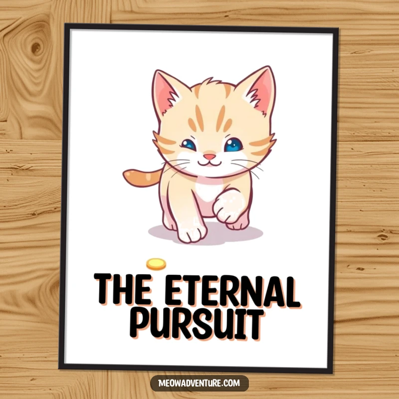 Playful kitten digital art print capturing a cat's energetic chase after a laser pointer dot, perfect for vibrant, fun decor.