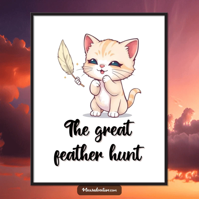 Funny digital art print of a mischievous kitten playfully batting at a floating feather, offering instant whimsical and humorous wall decor.